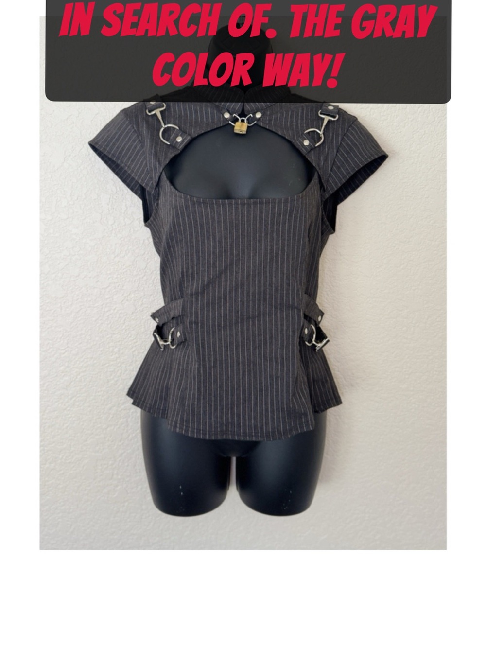 Lip Service Gray Pinstripe Buckle Cutout Peplum Top - Black/Gray Hardware